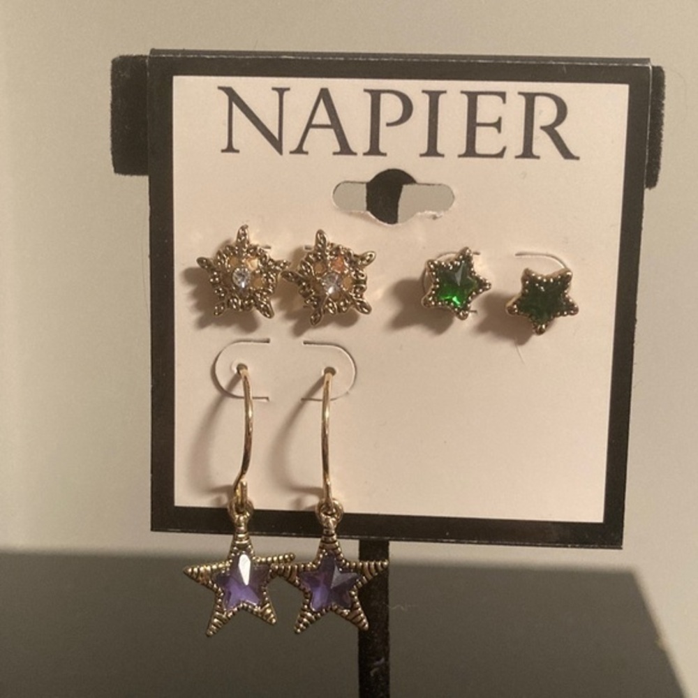 Napier Gold Star Earrings with Purple and Green Accents